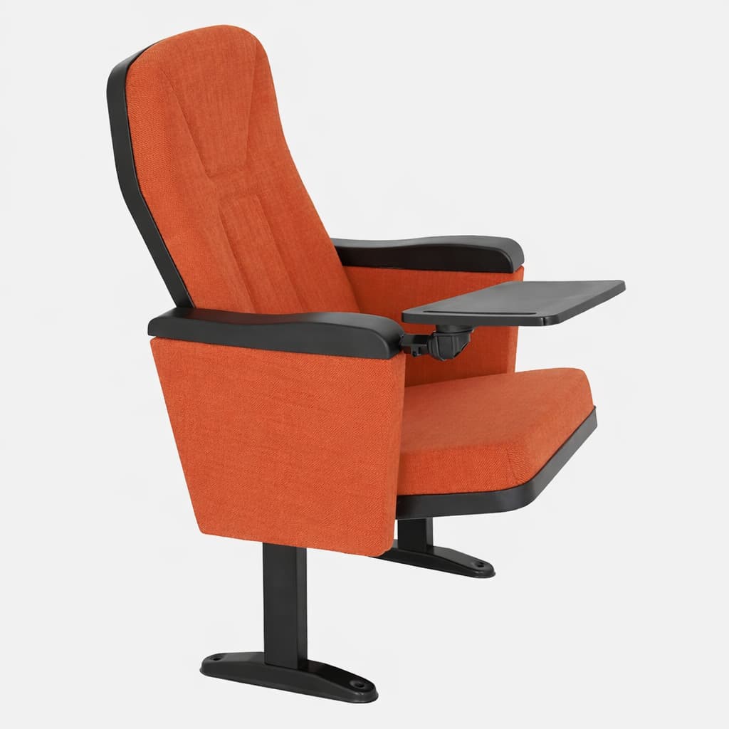 Orange upholstered auditorium seating chair with foldable writing tablet and fixed base for conference halls