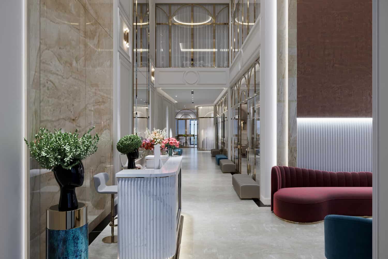 Elegant hotel lobby with modern furnishings.