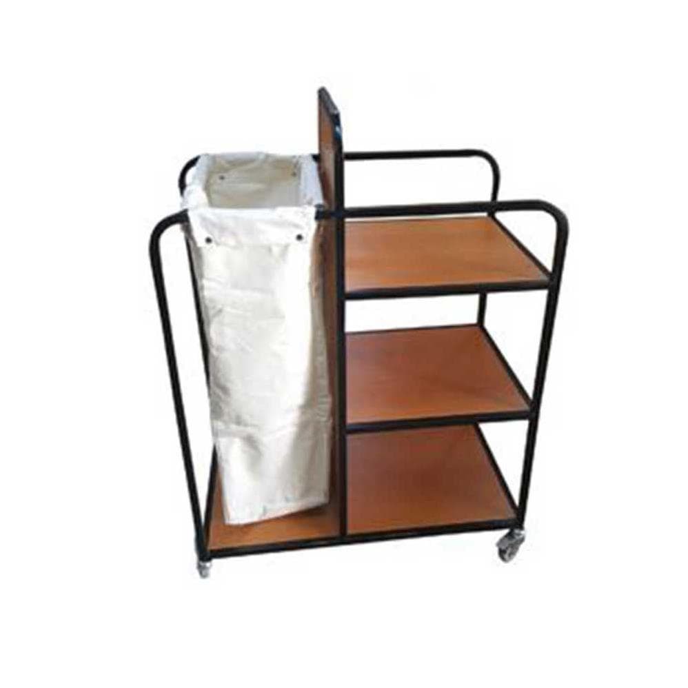 Housekeeping trolley with shelves, laundry bag, and wheels for hotel room service and cleaning operations