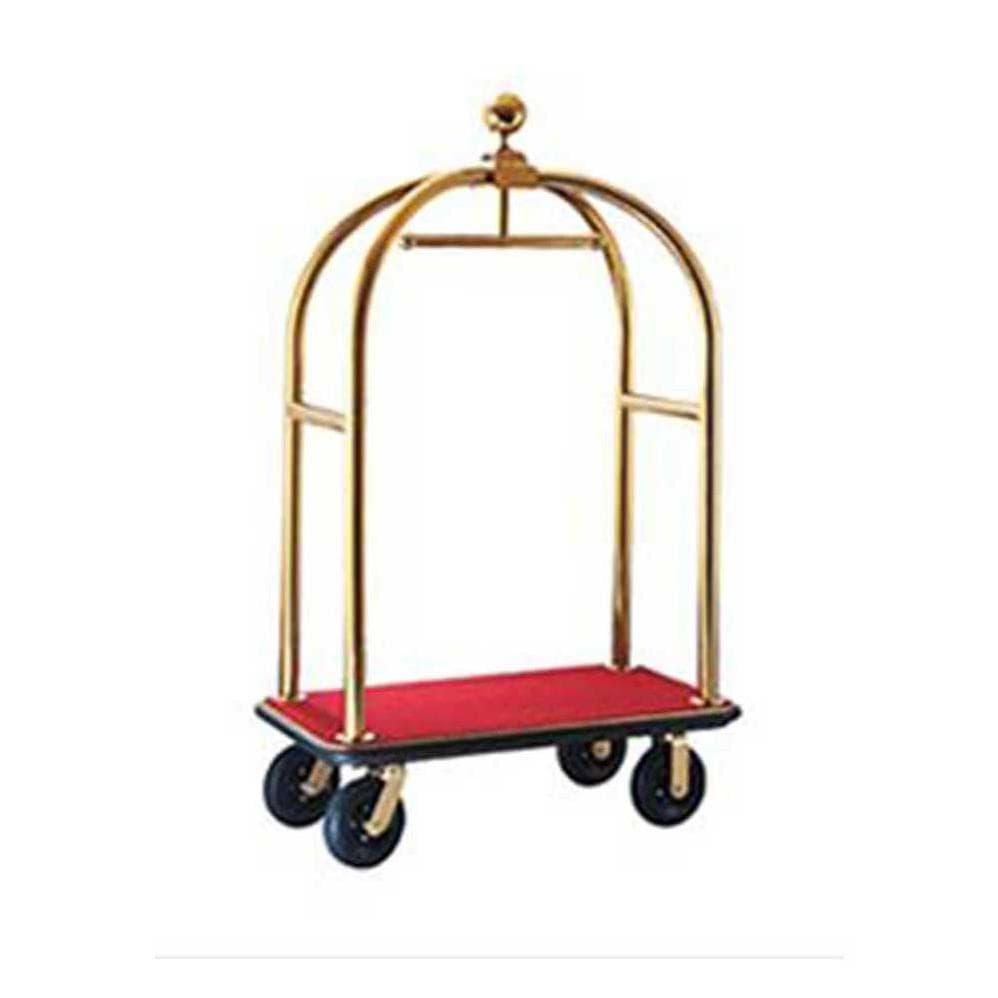 Gold luggage trolley with red carpet base and wheels for hotel lobby bell service and guest baggage transport