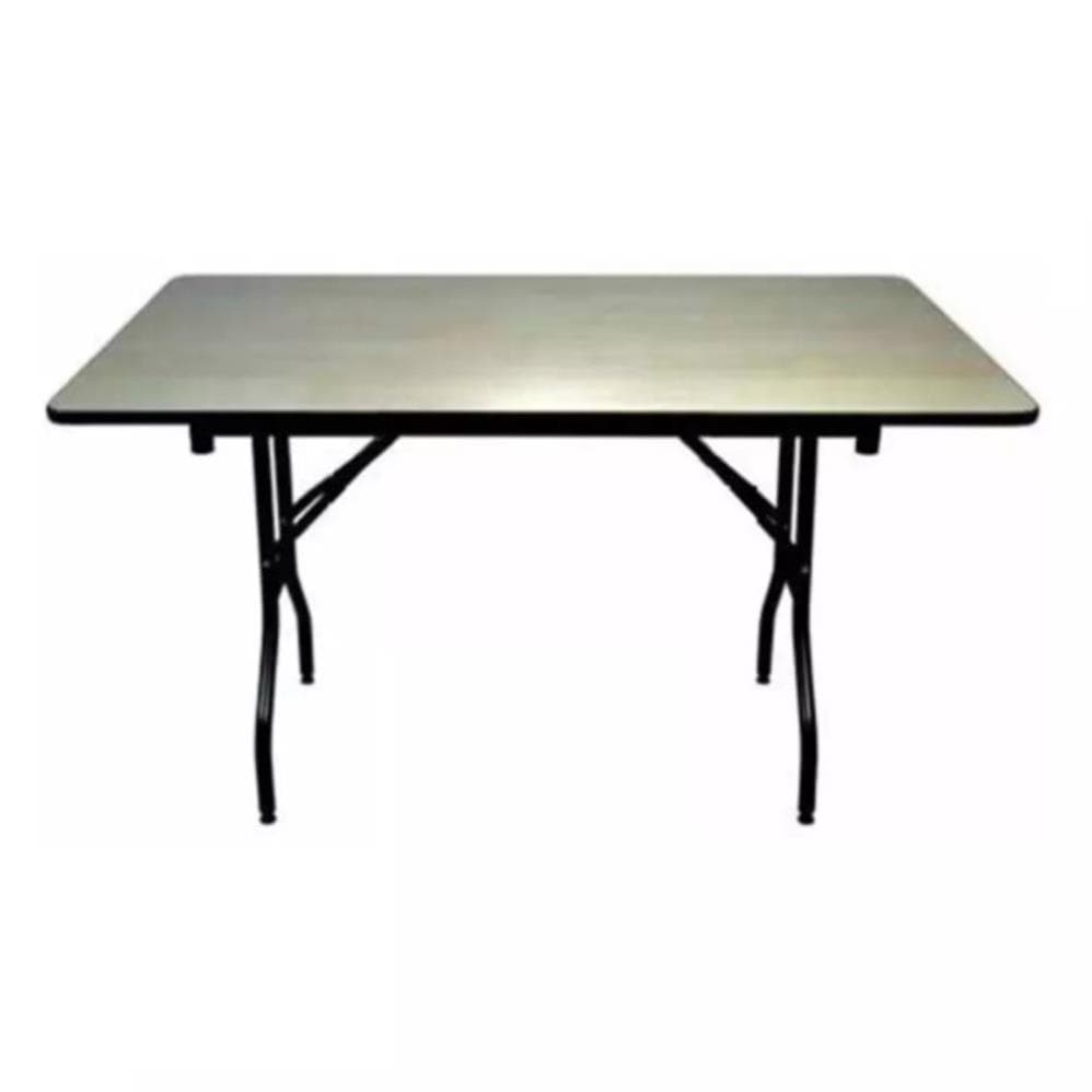 Rectangular banquet table with light wood top and folding black metal legs for hotel meetings and event use