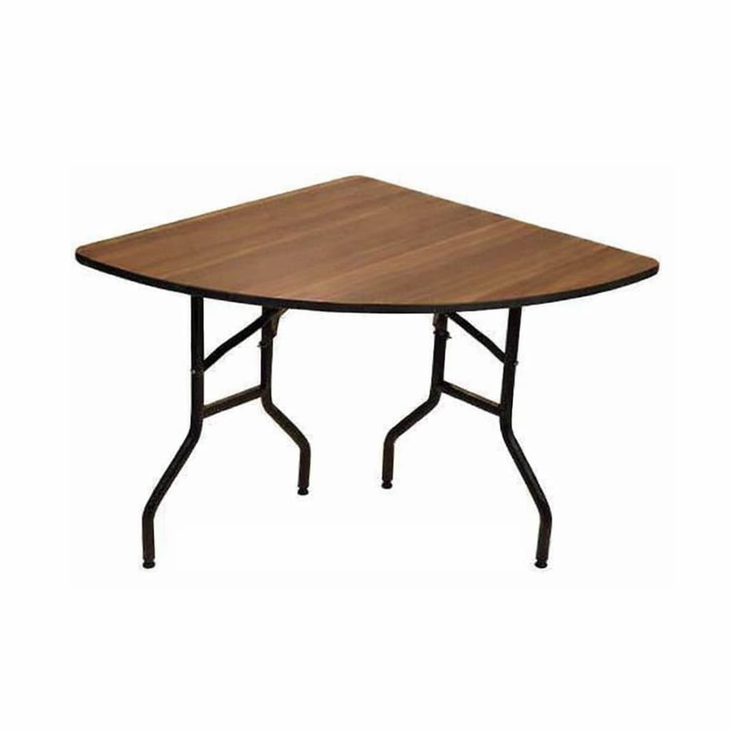 Quarter-round wooden banquet table with folding black metal legs for modular hotel event setups