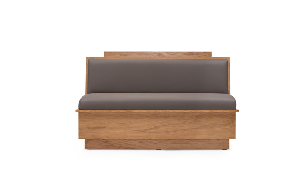 Custom restaurant booth seating with wooden base for café and hospitality projects