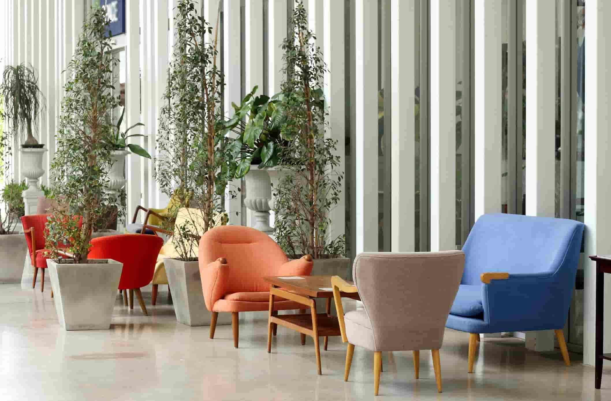 Colorful hotel lobby seating area with upholstered lounge chairs, coffee tables, and indoor plants in a modern hospitality space.