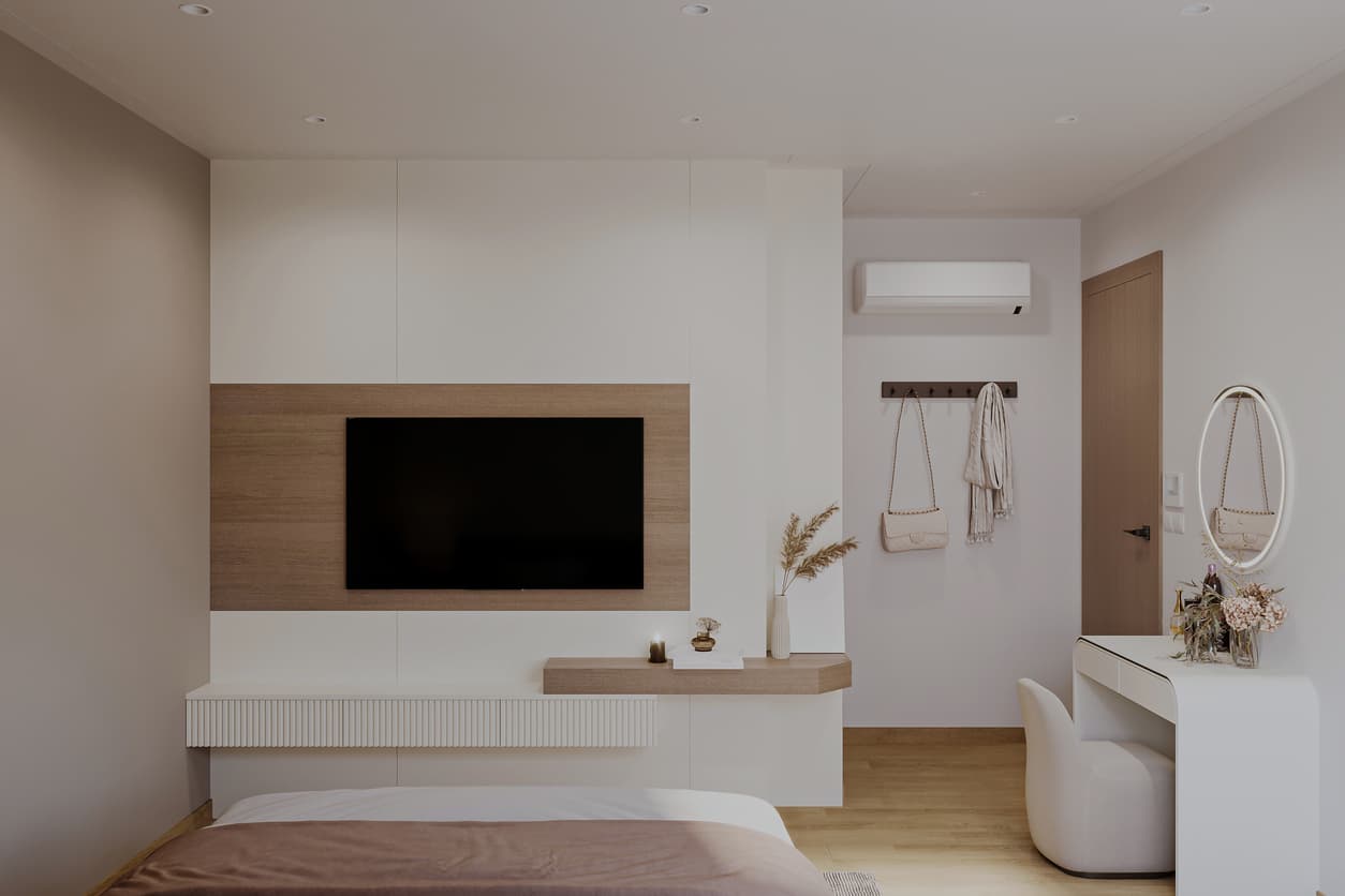 Minimal hotel TV unit with wall-mounted panel and storage, custom manufactured in Turkey