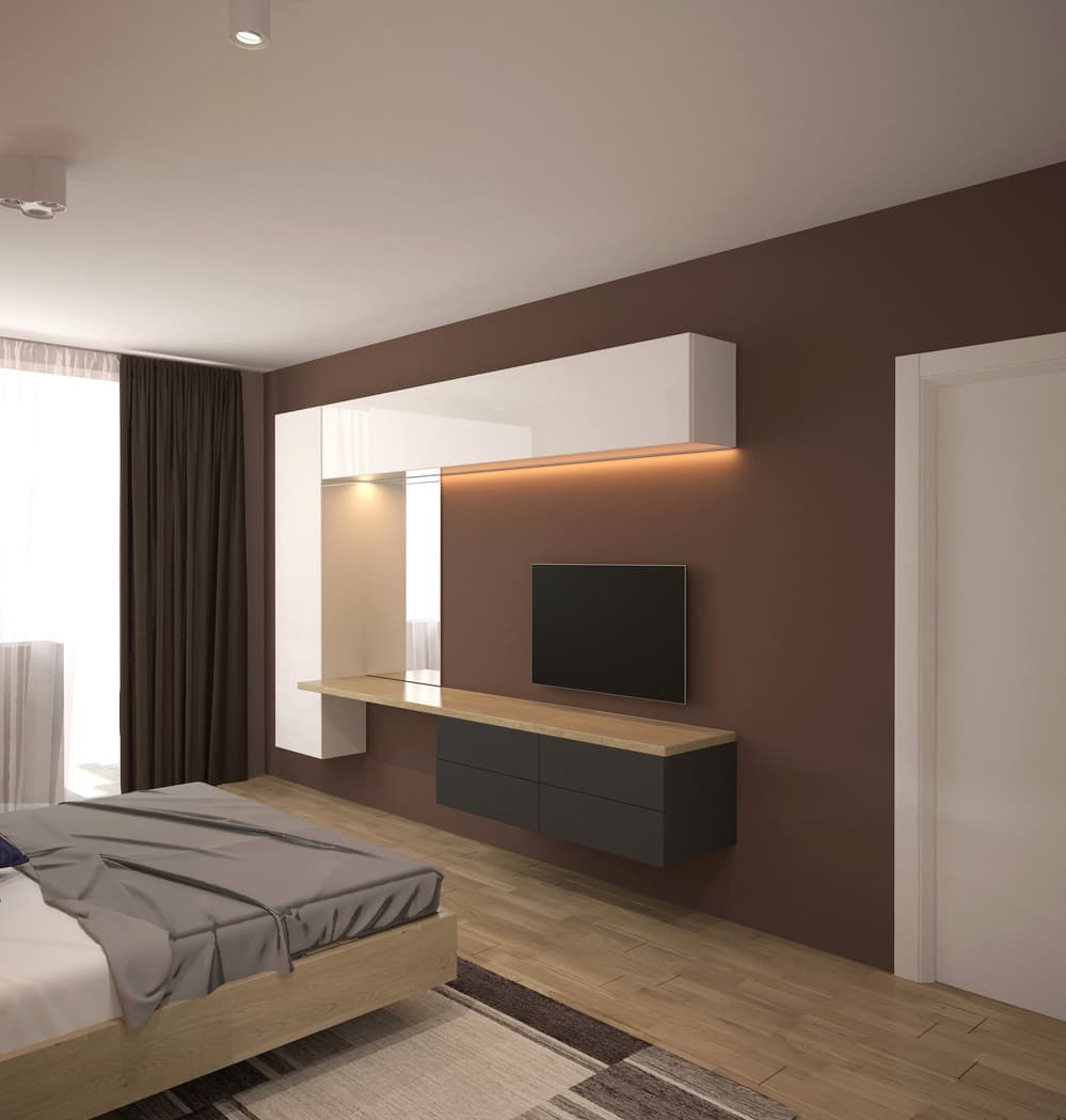 Modern hotel TV unit with wall-mounted cabinets and floating shelf, custom manufactured in Turkey