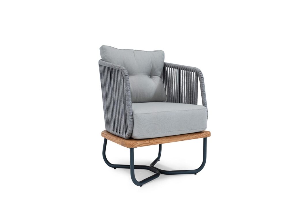 Modern hotel lounge chair with rope-wrapped arms, upholstered seat, and wooden base.