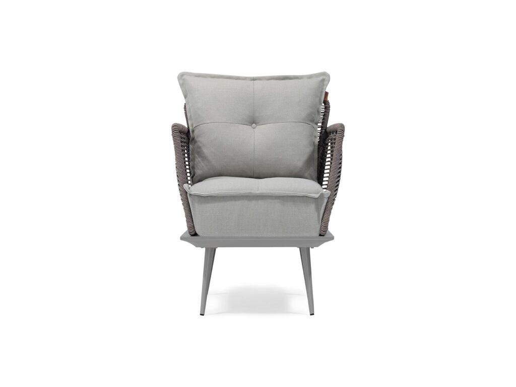 Outdoor armchair for hotel terrace and resort projects with upholstered seat and woven sides