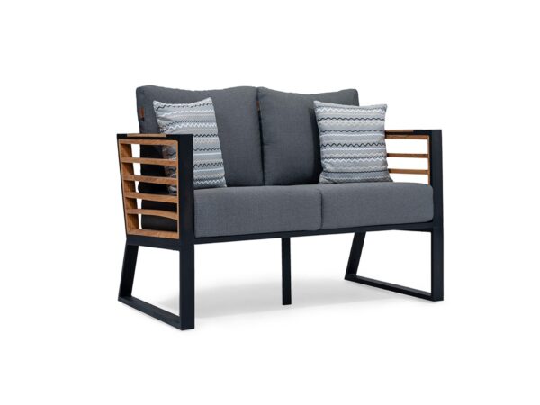 Outdoor sofa with wooden arms for hotel and resort terrace seating projects