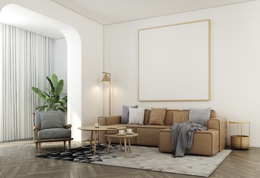 Modern hotel suite sofa with coffee table and soft neutral tones
