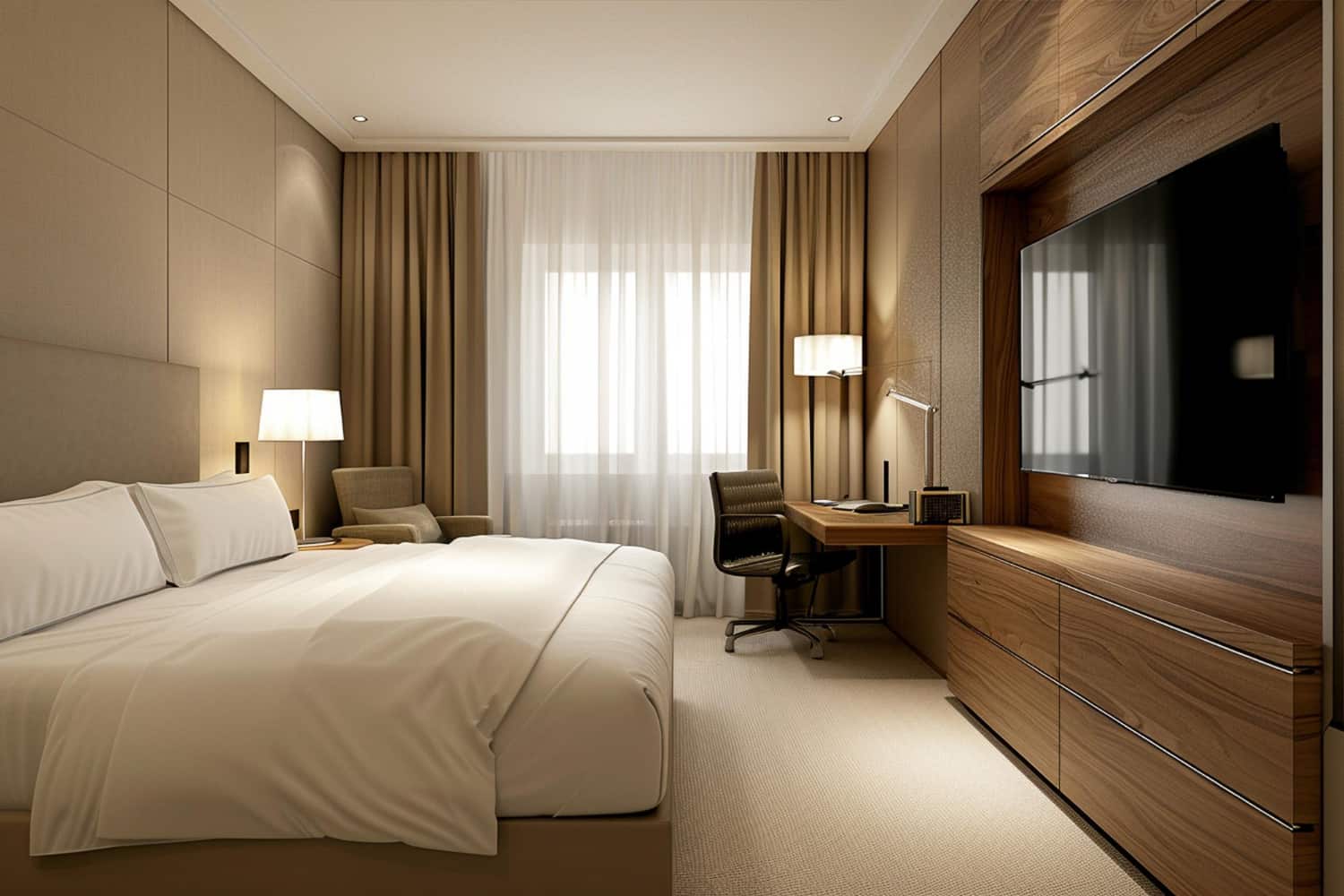 hotel FF&E Ghana modern twin guest room furniture layout with beds lighting and casegoods