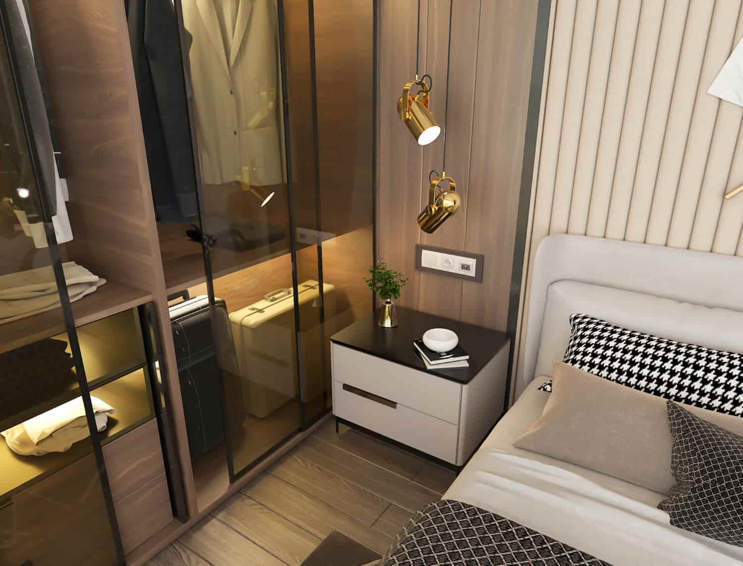 hotel FF&E ghana guest room furniture setup with wardrobe bedside unit and lighting