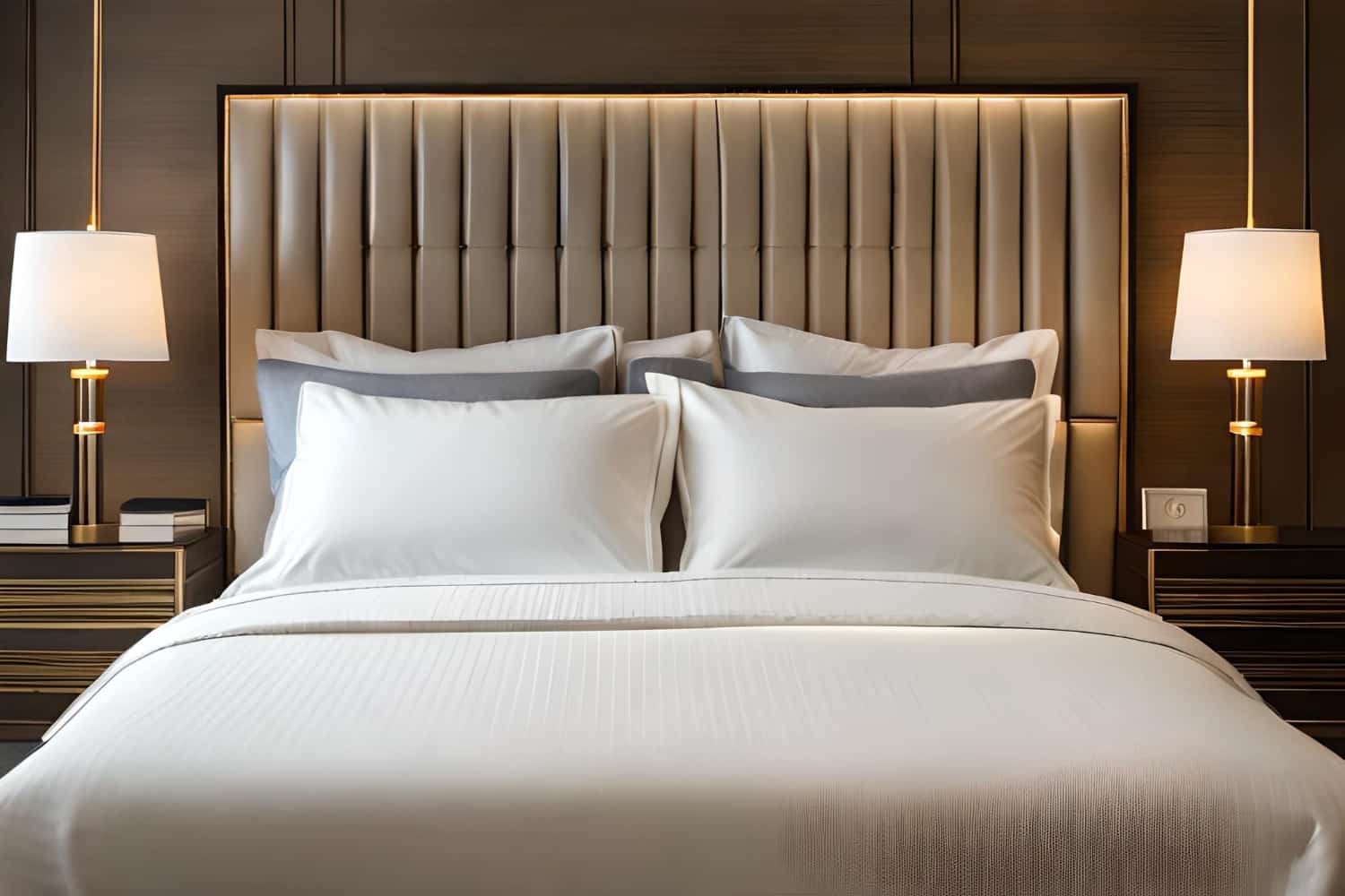 Hotel headboards supplier — tall upholstered panel headboard with vertical channel tufting and integrated ambient lighting in luxury hotel room