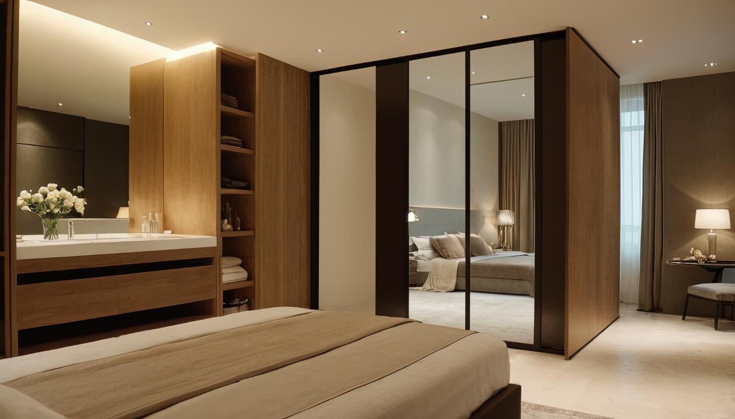 Hotel guest room furniture specification — sliding door wardrobe with mirror panel and open shelving unit in hotel bedroom