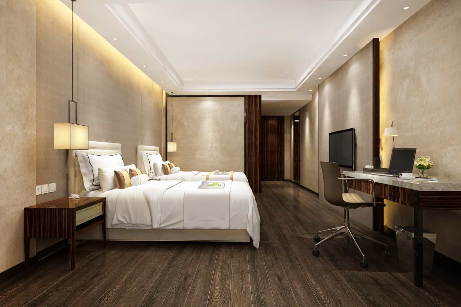 Hotel guest room furniture specification — complete guest room set with headboard, nightstand, desk, desk chair and TV unit