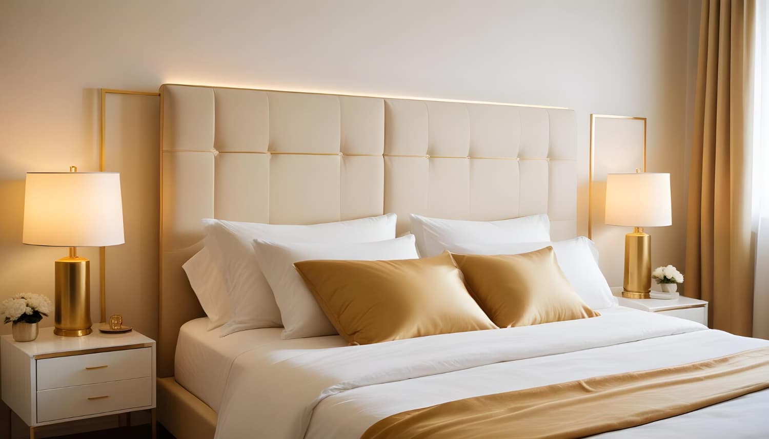 Hotel headboards supplier — wall-mounted upholstered panel headboard with integrated gold trim detail in hotel guest room