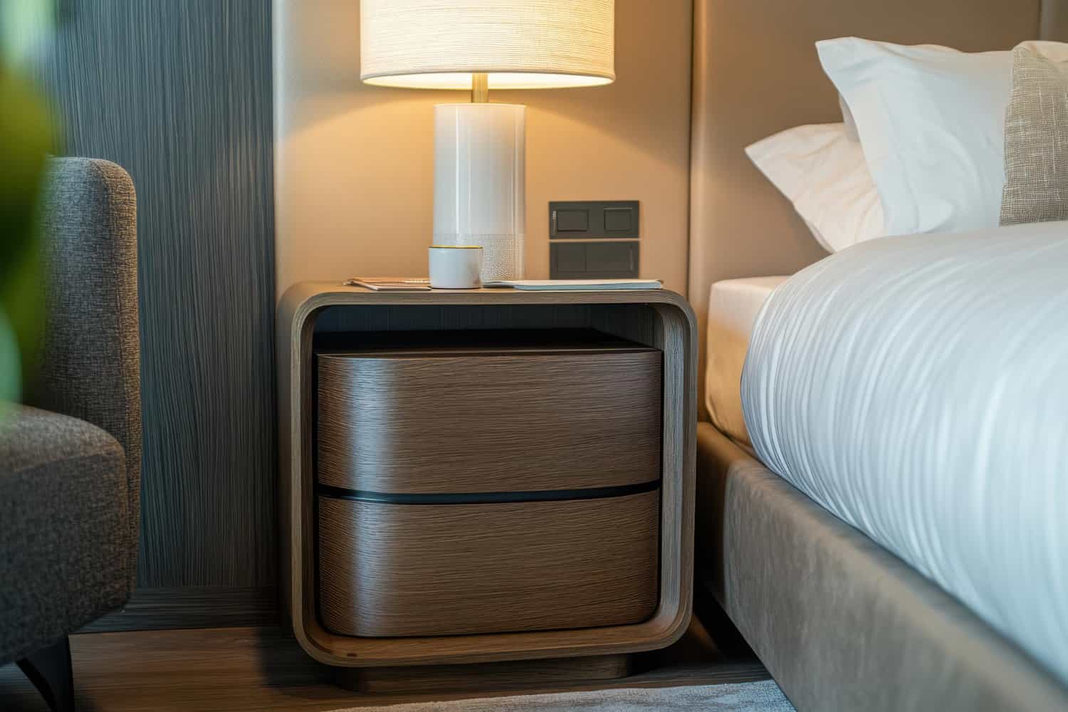 Hotel nightstand supplier — two-drawer bedside table with rounded corners, veneer finish and integrated power socket panel