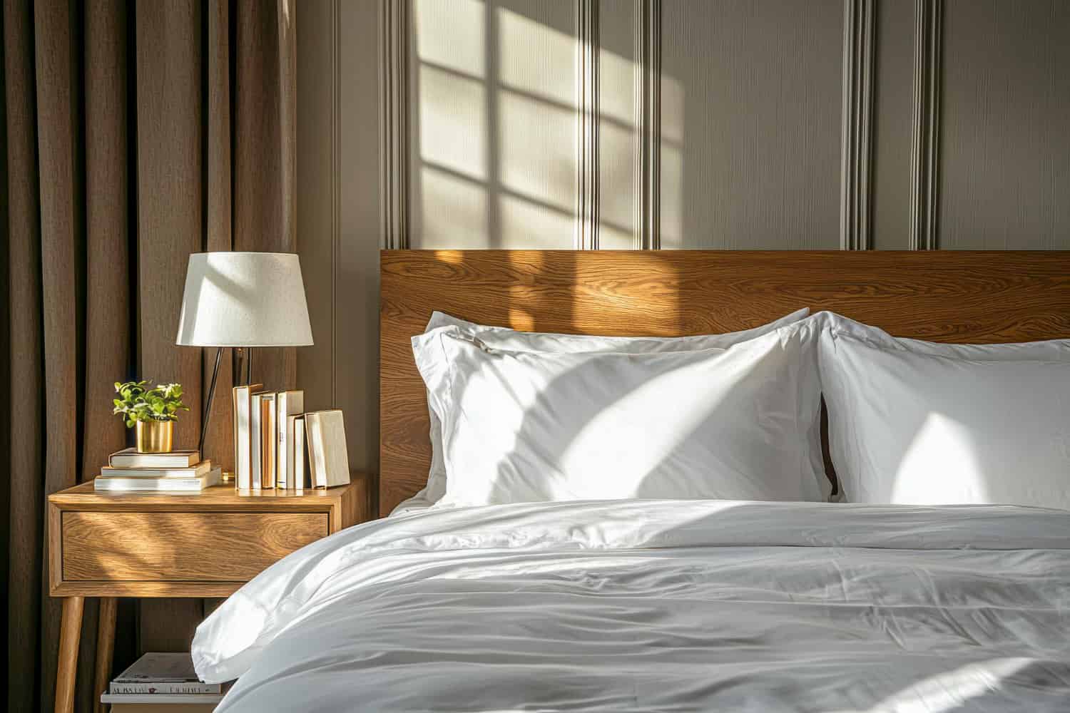Hotel nightstand supplier — solid wood open shelf bedside table with lamp beside hotel bed and wooden headboard