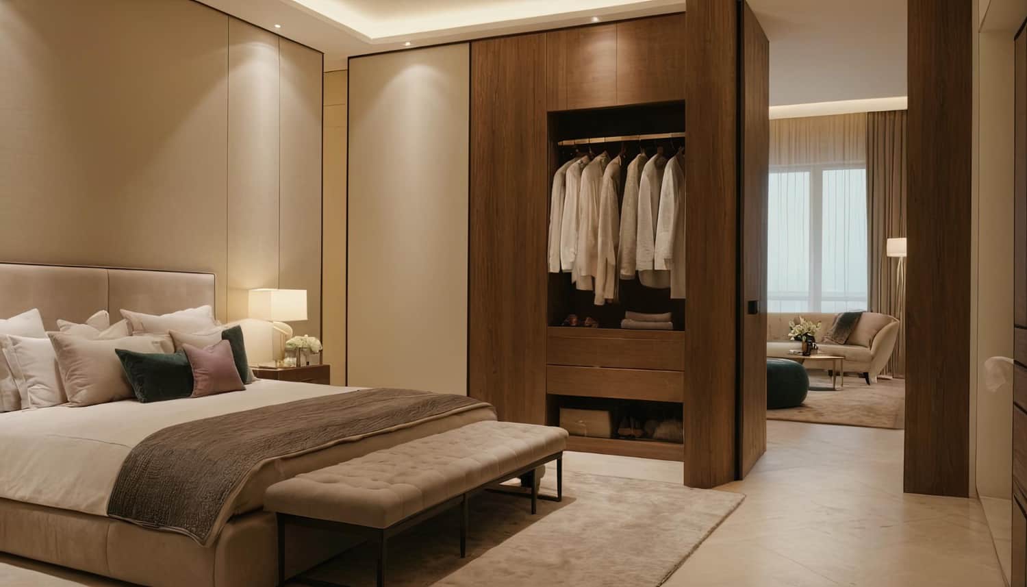 Hotel wardrobe specification — full-height open wardrobe with hanging rail, drawer unit and shoe shelf integrated into bedroom wall panel system
