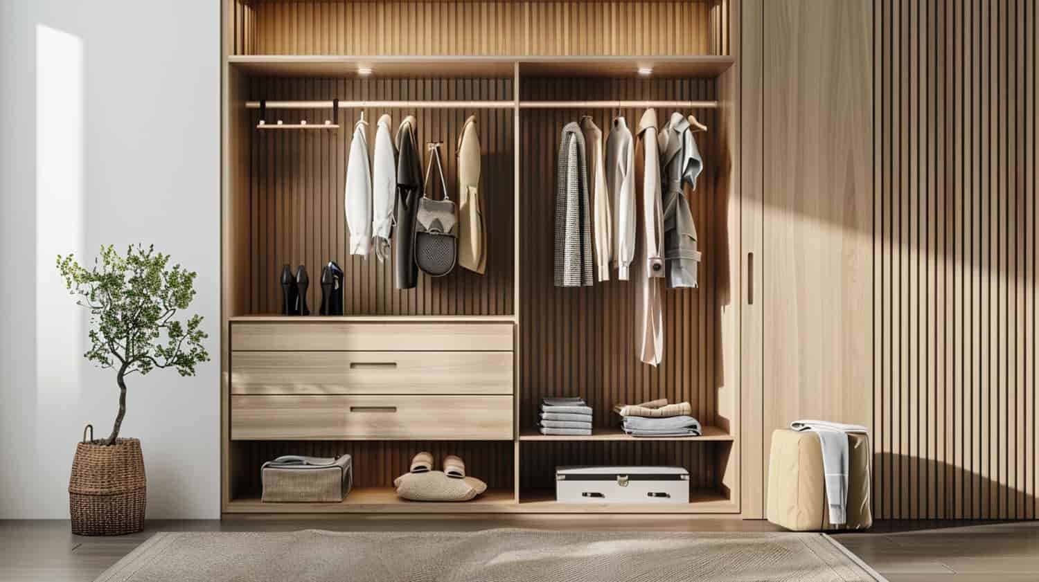 Hotel wardrobe specification — open wardrobe with hanging rails, drawer storage, shelving and luggage area in hotel guest room