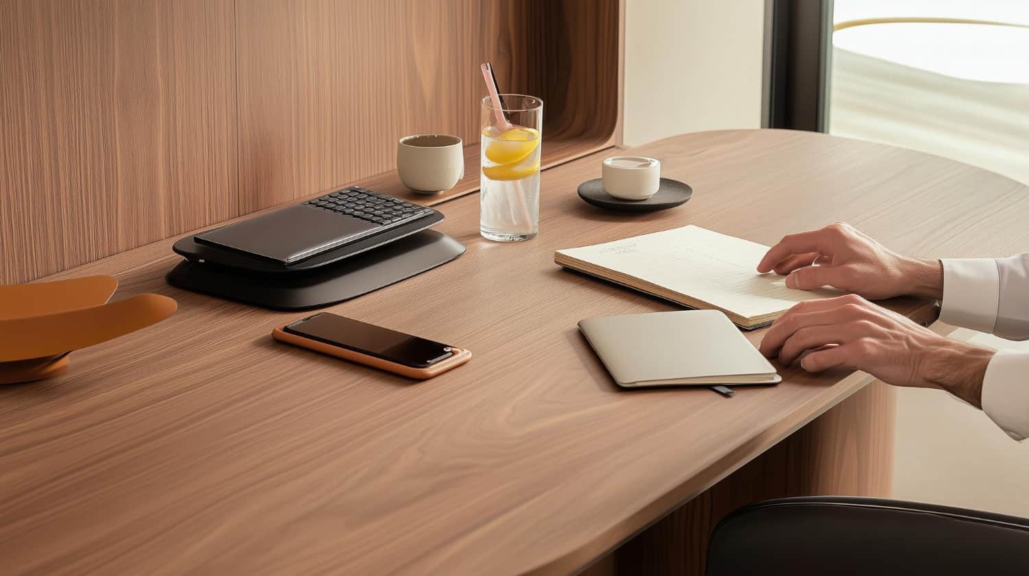 Hotel writing desk specification — business guest using walnut veneer hotel desk with laptop, notebook, phone and beverages simultaneously